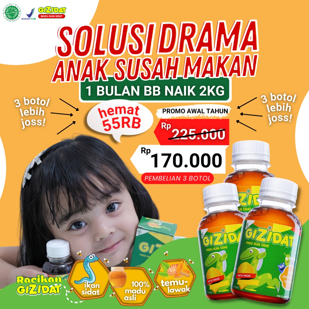 Paket 3 Botol Gizidat Original - Penambah Nafsu Makan &amp; Berat Badan Anak