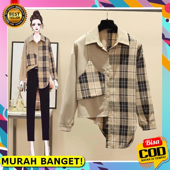 Kemeja Kameja Kmeja Wanita Cewek Cewe Casual Remaja Korea Kotak Lengan [Cod] Evolet Kemeja Mix Flane