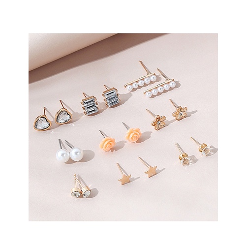 LRC Anting Set Fashion Color Mixing Diamond And Pearl Resin Y65246