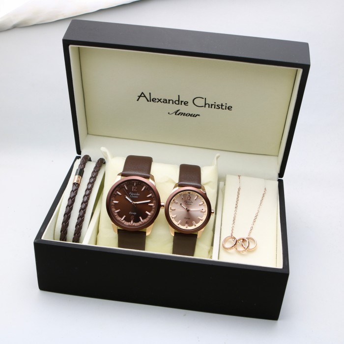 JAM TANGAN ALEXANDRE CHRISTIE AC 8651 ROSEGOLD BROWN COUPLE BOX SET. ORIGINAL