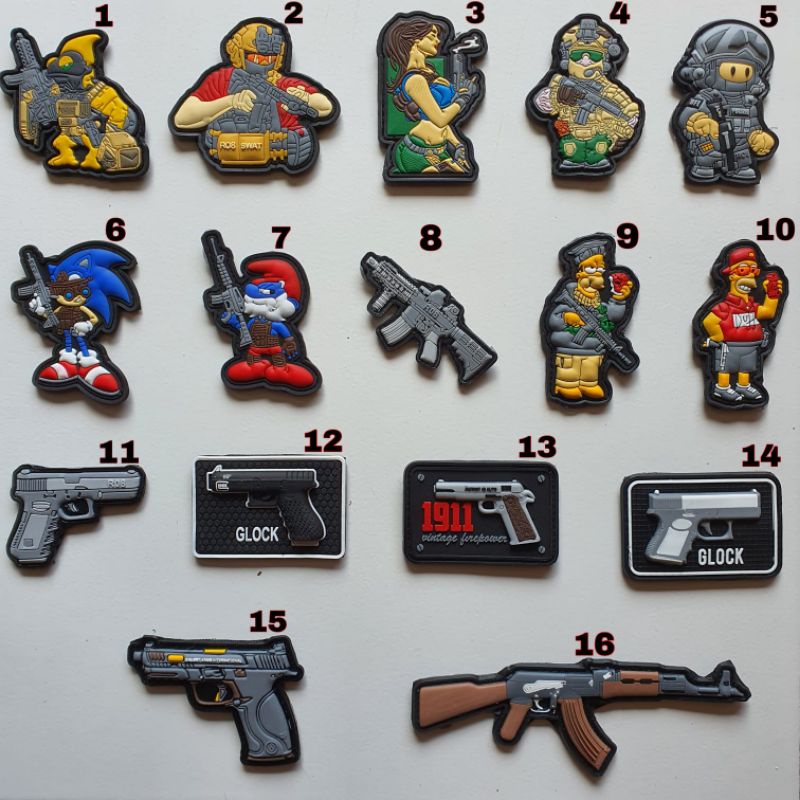 patch rubber logo pvc 3D timbul logo karakter army warrior/sniper/the simpsons/the smurfs/super sonic/tempelan emblem karet velcro