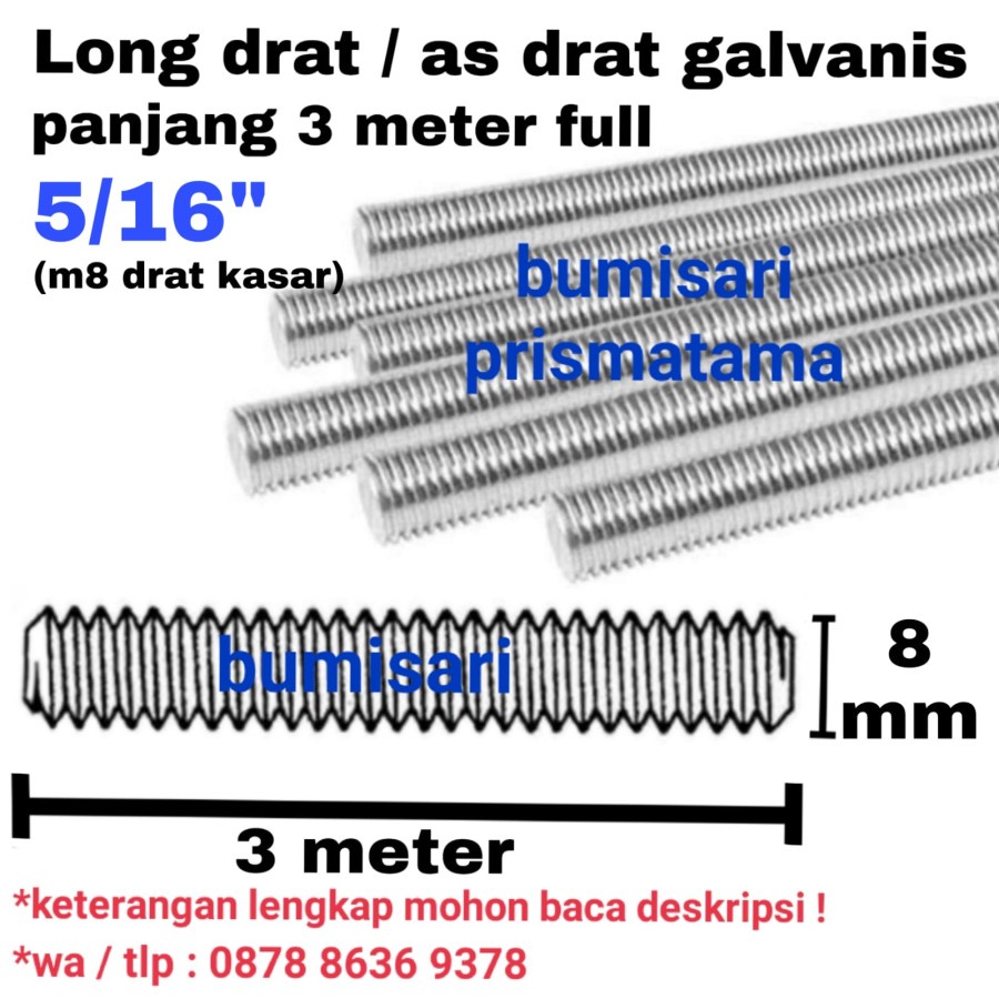 Long drat M8 x 3 meter Galvanis - pitch drat 1.25