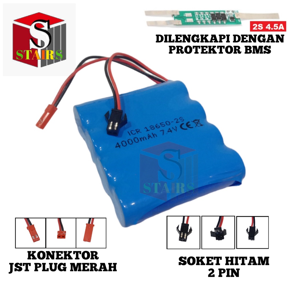 Baterai Remot Control/RC/ Speaker &amp; Elektonik Lainnya 4X 18650-2S 7.4v 3000mAh Protektor BMS 4.5A Konektor JST PLUG &amp; Soket Hitam 2 pin