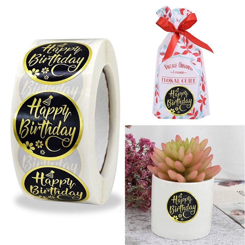 

50pcs stiker happy birthday label ultah packaging kado hadiah gift tempel gold stiker segel