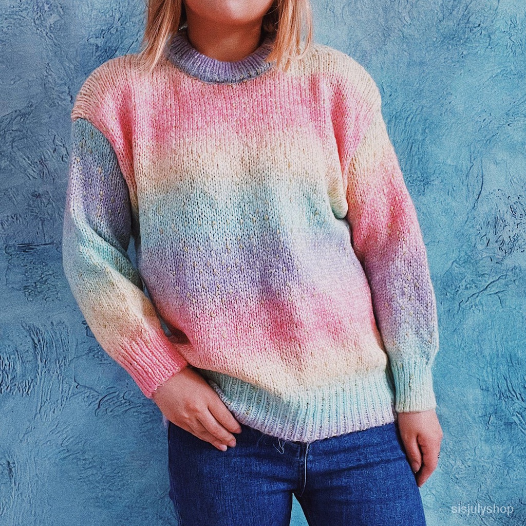 #Sisjuly# Musim Gugur Dan Musim Dingin Wanita Baru Ramping Pelangi Warna Gradien Leher Bulat Sweater