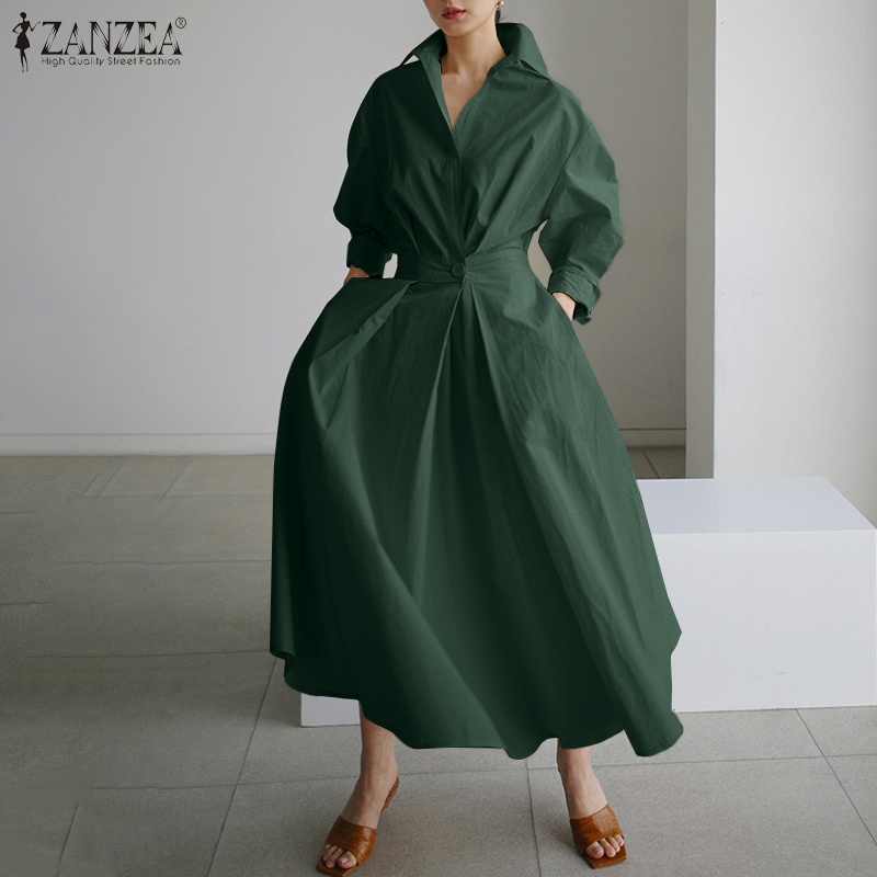 ZANZEA Women Long Sleeve Turn-Down-Collar Solid Color High Waist Casual Maxi Dress