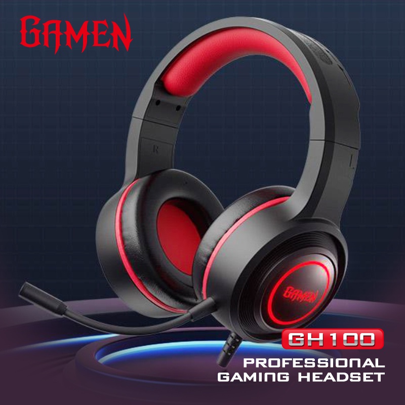 GAMEN Gaming Professional Headset / Earphone / Headphone Gaming GH100 Black 3D Sound With Mic For PC / Handphone / Laptop Original - Garansi 1 Tahun