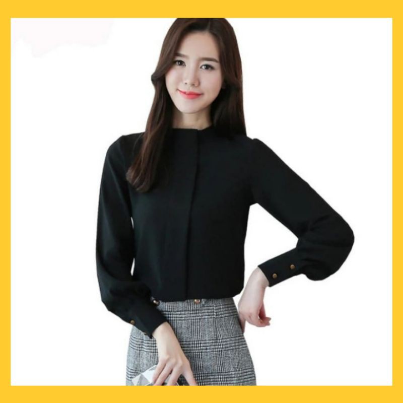 Blouse Wanita Lengan Panjang Variasi Lipatan Baju Atasan Korean Style - HARINA-Hitam