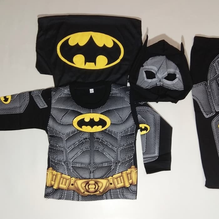 Kostum Anak Laki-Laki Batman Hitam IV Baju Setelan Panjang Cowok Topeng Sayap Katun