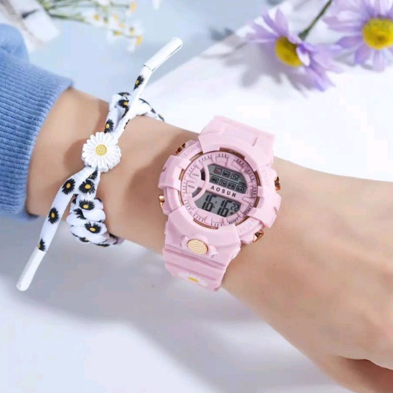 JAM TANGAN WANITA SPORT BUNGA DAISY DIGITAL STRAP RUBBER BUNGA BULAT TERMURAH