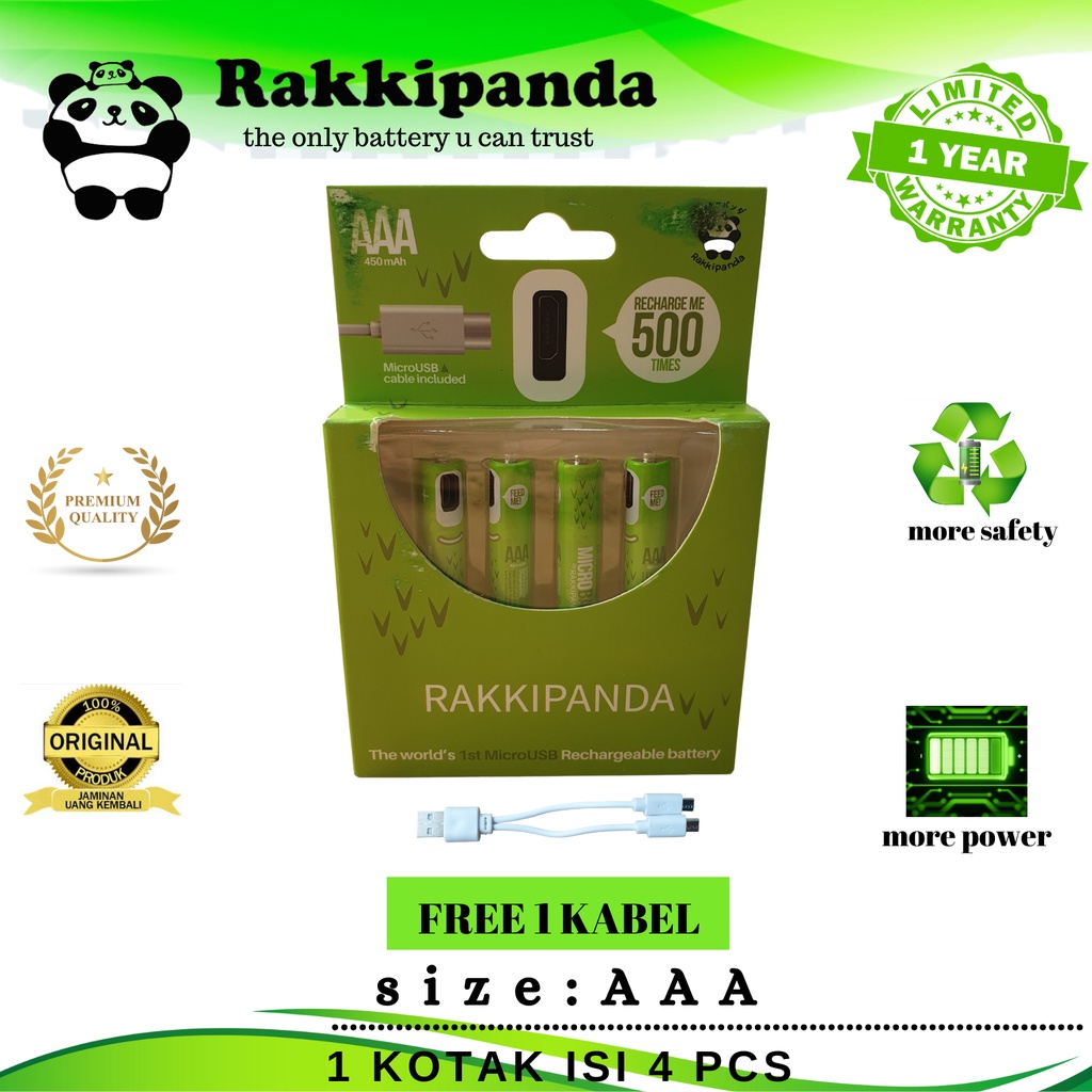 batre battery cas casan rakkipanda baterai AAA cas ulang isi 4pcs micro usb original
