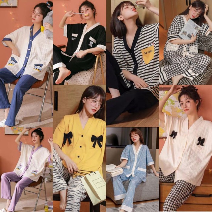 STELAN  SETCEL ONE SET PIYAMA BAJU TIDUR WANITA  CP IMPORT PREMIUM LENGAN PENDEK BUSUI V NECK LEISUR