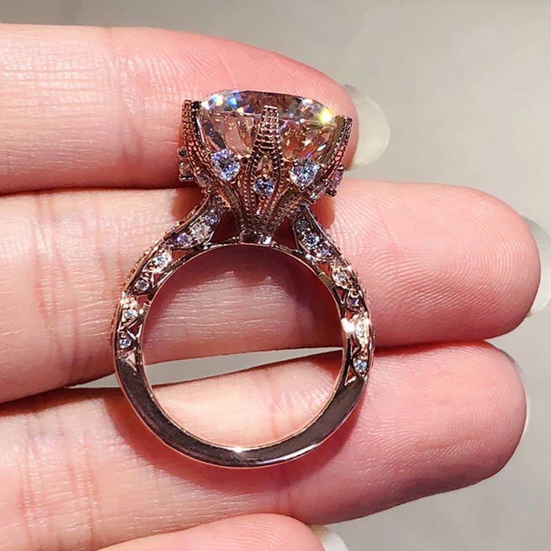 Cincin 4 Cakar Warna Rose Gold Hias Cubic Zirconia Bulat Besar Untuk Wanita