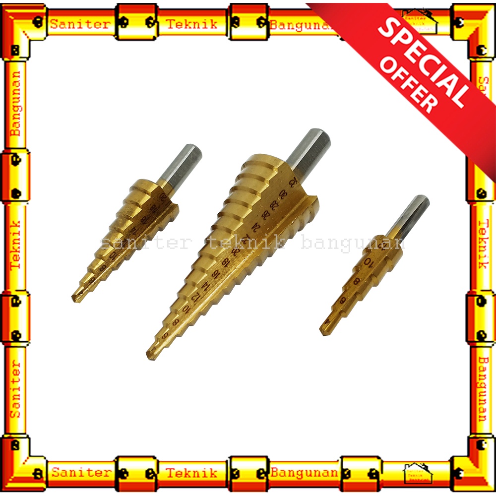 Mata Bor Set 3 Pcs Besi Kuningan Kayu Step Drill Pagoda Tingkat Freed