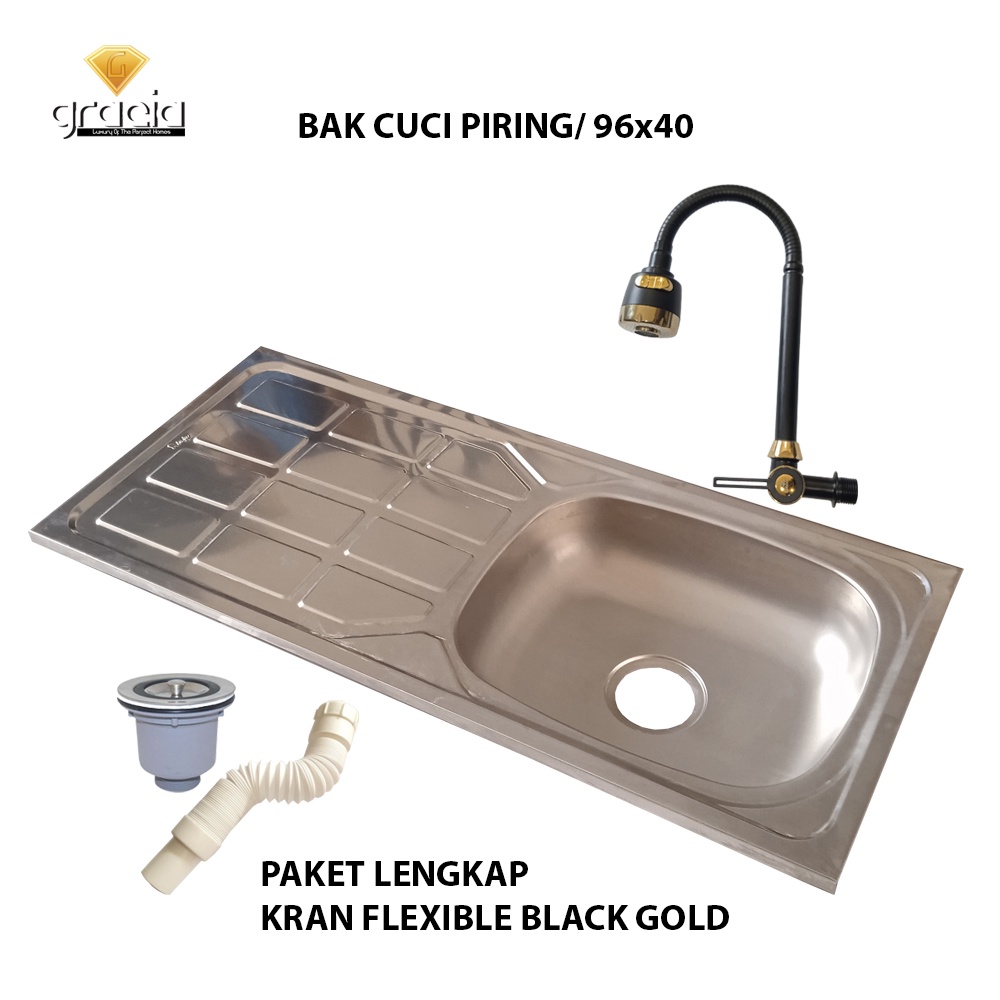 Bak/Wastafel Cuci Piring Stainless 96 x 40 cm Bak Cuci Piring Paket Lengkap Kran Minimalis Flexible