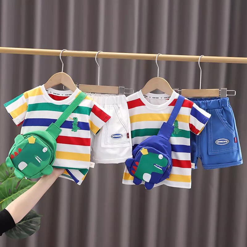 [COD] Setelan pendek anak laki laki usia 5 Tahun / baju bayi pendek Motif Rainbow Dino GRATIS TAS DINO Impor/Ananakstore