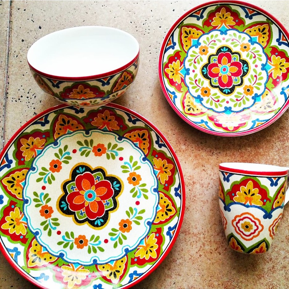 DINNER SET SANGO MOTIF MAROKO, PIRING, MUG, MANGKOK