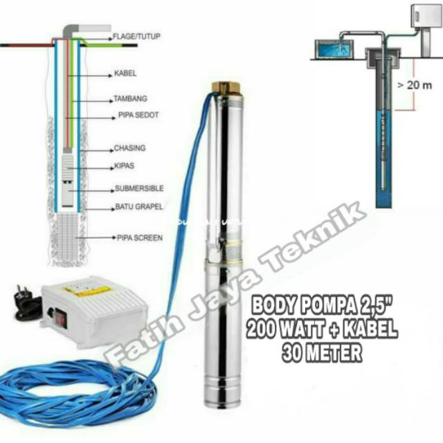 Pompa Sumur Dalam Pompa Air Satelit 200 Watt 0,25HP Body Pompa 2,5"