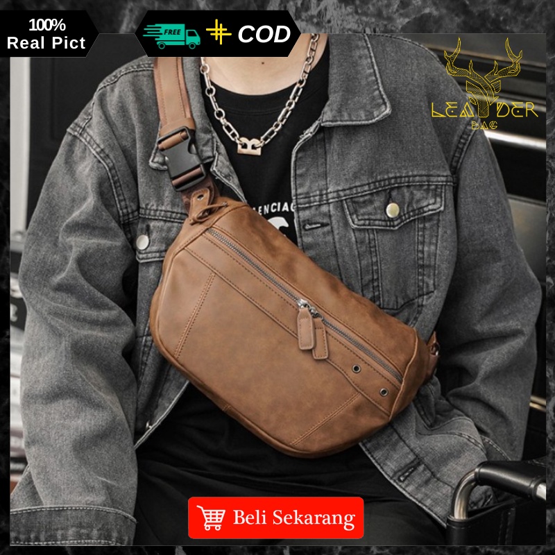 Waist Bag Kulit Pria Original Import Model Terbaru Warna Coklat Atau Tas Selempang Kulit Cowok Distro Waterproof A37