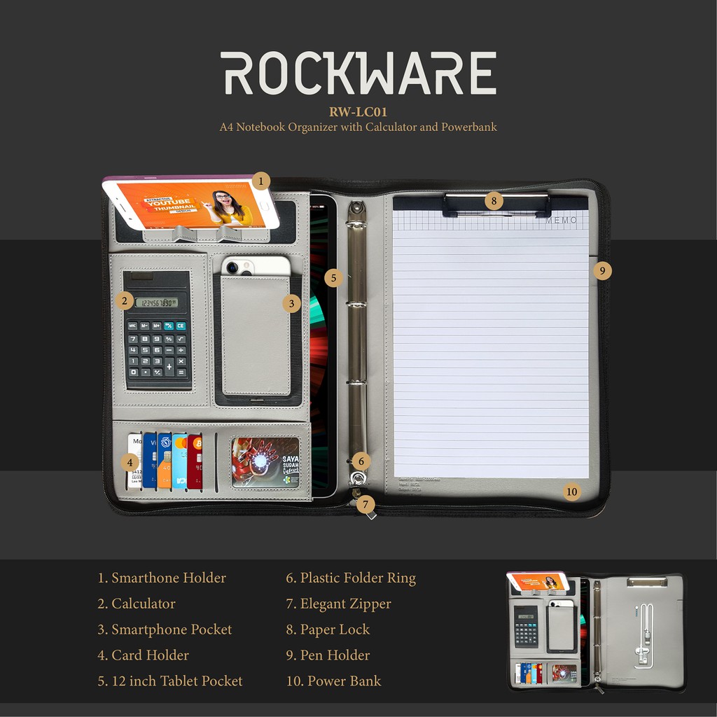 AKN88 - ROCKWARE RW-LC01 - A4 Notebook Organizer with Calculator and Powerbank