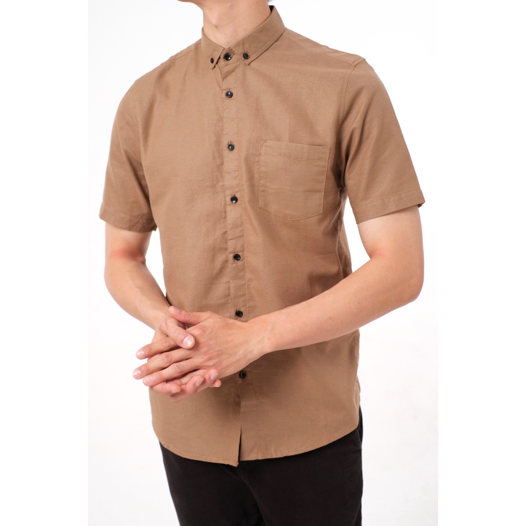 SANVANINA Kemeja Lengan Pendek Pria Slim Fit Khaki | Short Basic Rami E-1507F