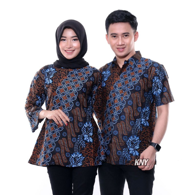 Batik Couple Atasan Blus Batik Kemeja Batik Pria Seragam Kantor Motif Seno Biru