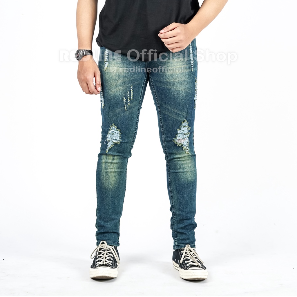 Celana Jeans Pria Sobek Lutut - 2 RIPPED - S, M, L, & XL - Biru Gelap - Celana Jeans Ripped Lois Jel