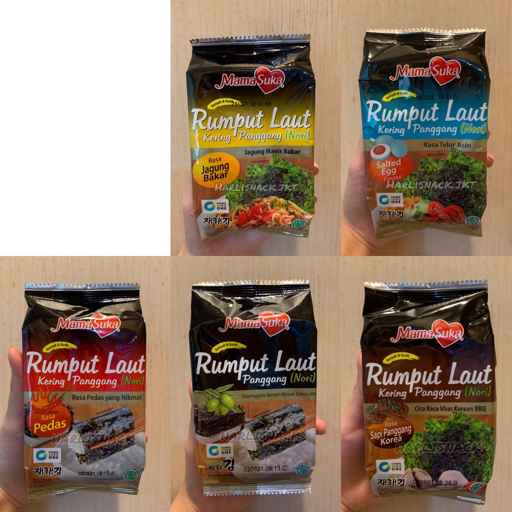 

Mamasuka Rumput Laut Nori Seaweed Korea Original / Pedas / Sapi Panggang / Jagung Bakar / Salted Egg