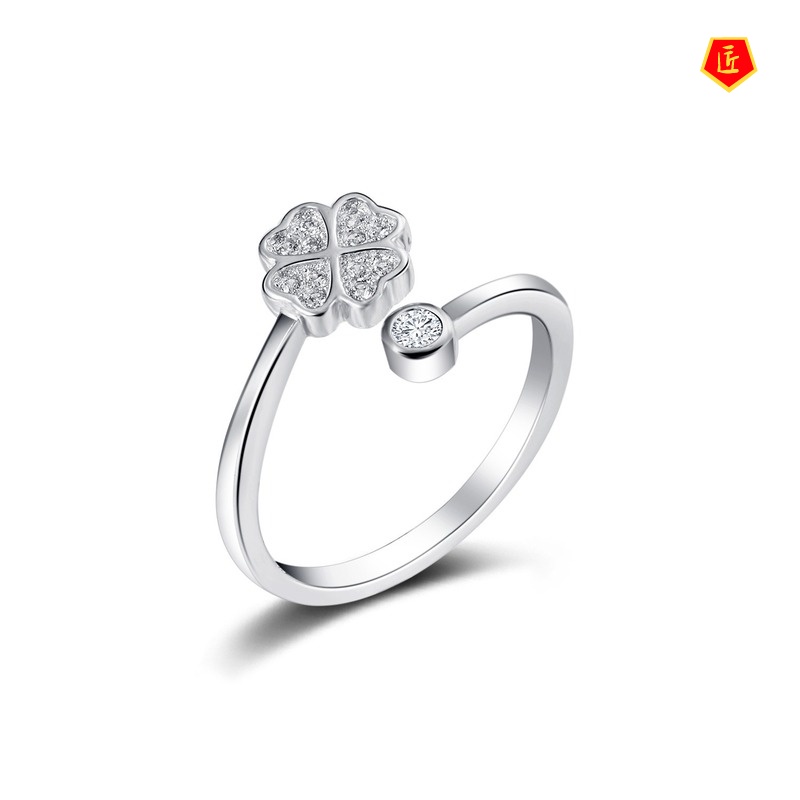 [Ready Stock]Women's Simple Stylish Personality Diamond Four-Leaf Clover Open Ring