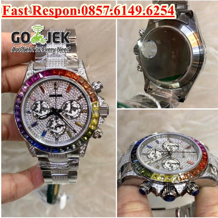 Mega Sale Jam Tangan Rolex Daytona Rainbow Diamond SS Swiss Clone 1:1 Garansi 1th