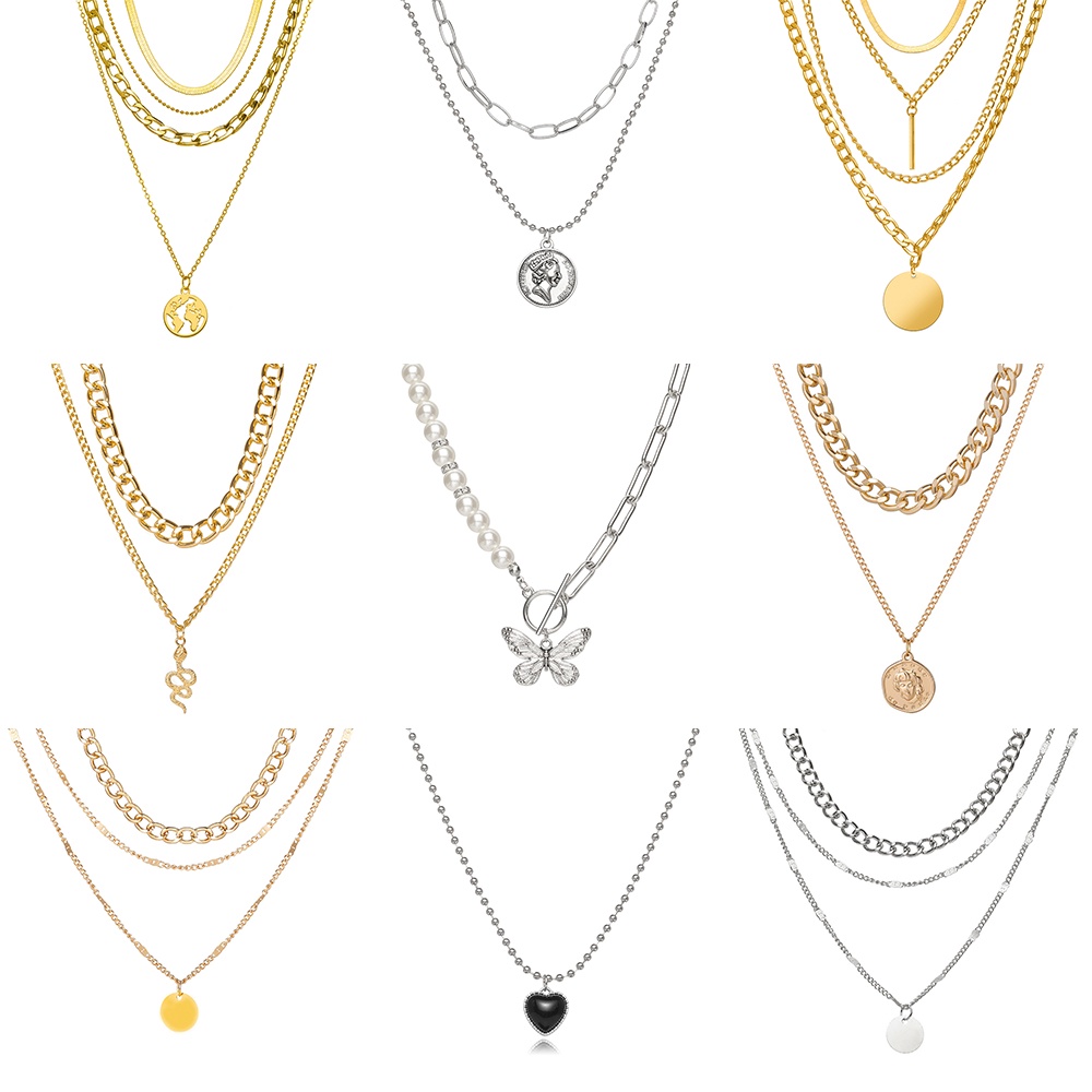 AY(CN) Kalung Choker Rantai Banyak Lapis Dengan Liontin Kupu-Kupu + Mutiara + Kristal Gaya Korea Untuk Wanita