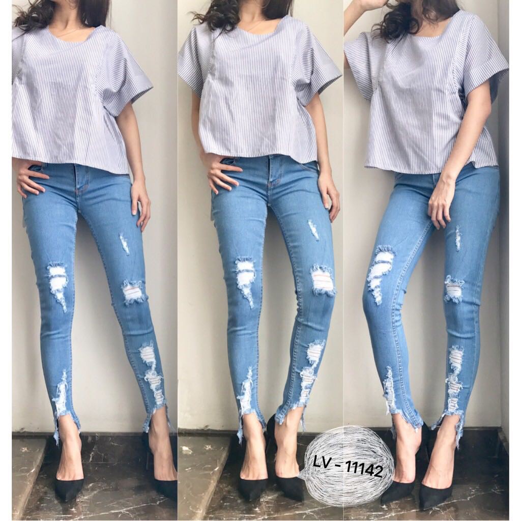 Celana Jeans Wanita Model List Off White Sobek Puring Shopee Indonesia