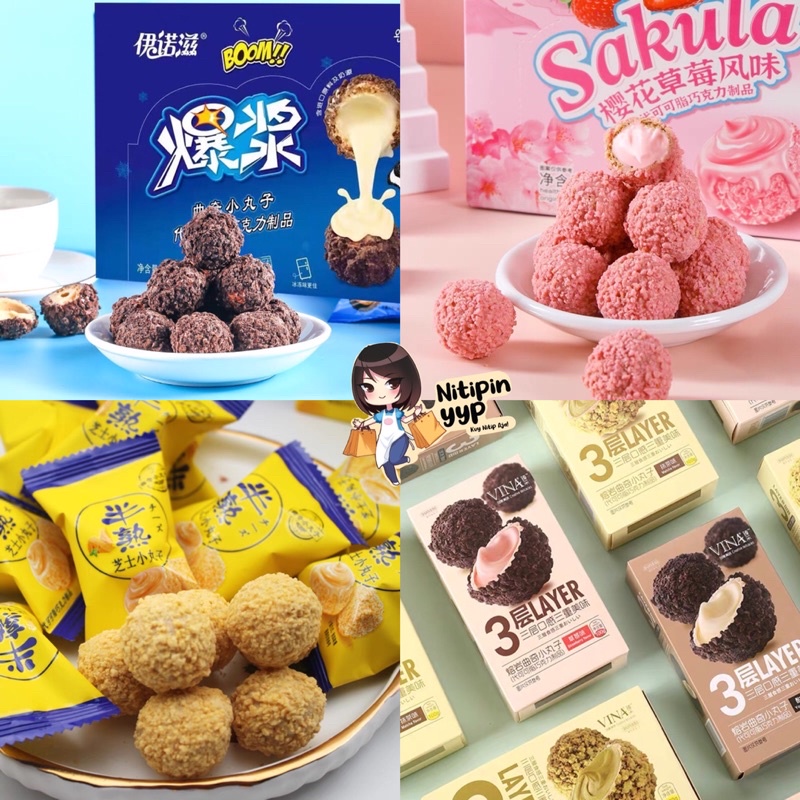 [HRG 1PCS] Fried Cookie Ball CHOCO LAVA MINI China - Biskuit Cookie Coklat, Sakura, Cheese, Yoghurt &amp; Matcha Lava 3Layers Cookie Ball - Cemilan China Siap Saji (±10gr)