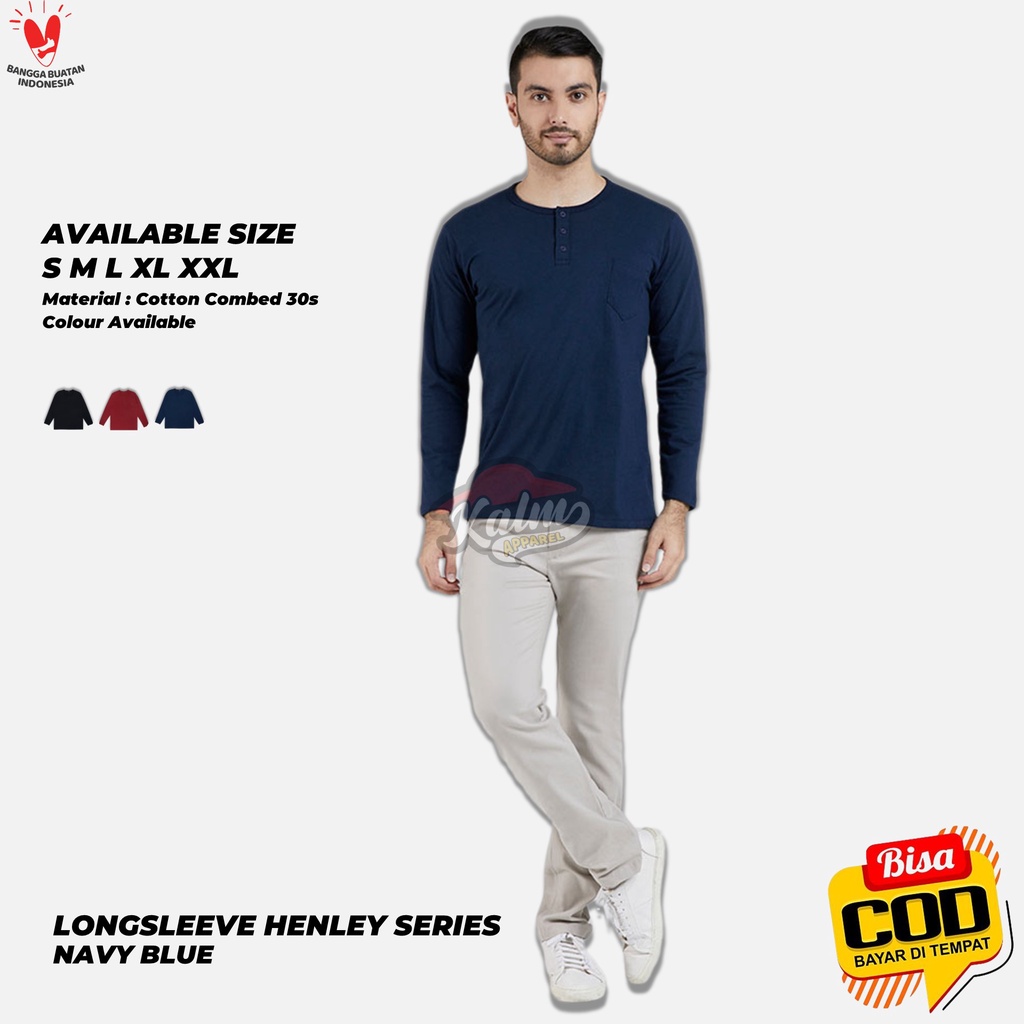 Kaos Polos Lengan Panjang Pria Wanita Henley Navy Blue Cotton Combed 30s