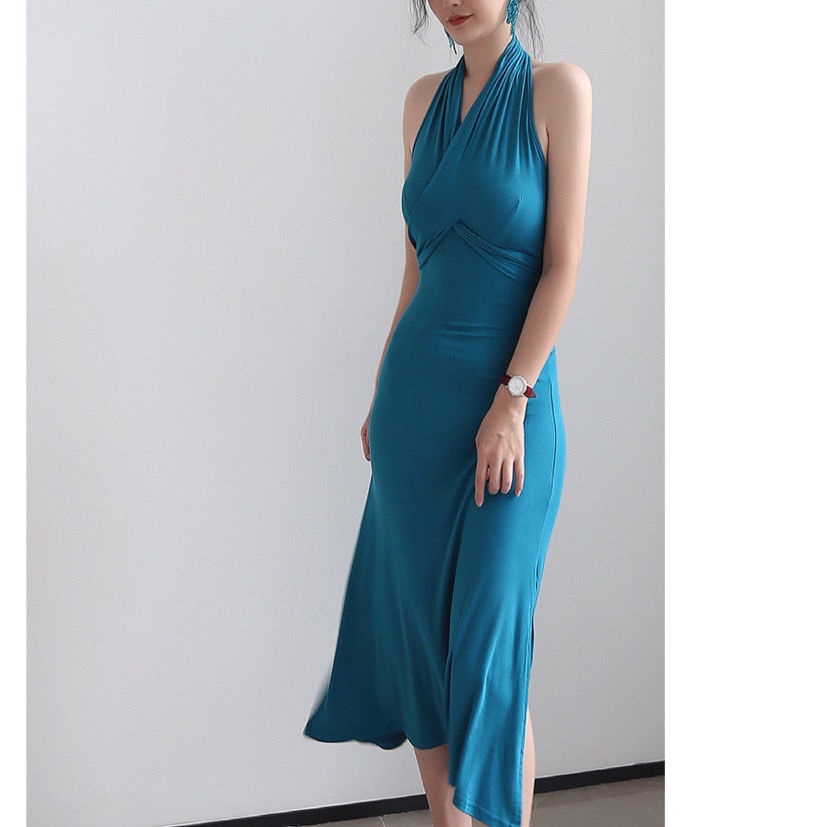 Red Baru Perancis retro gaun elegan halter leher dicukur bahu terbuka kembali tas pinggang pinggul rok mid-length tipis