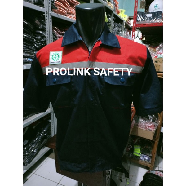 BAJU SAFETY LENGAN PENDEK NAVY MERAH RESLETING PREMIUM BAHAN DRILL ADEM