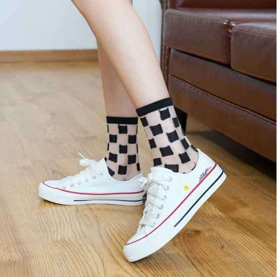 KKT 46-65 Kaos Kaki Korea Transparan Kekinian Motif Catur Polkadot Garis Pita