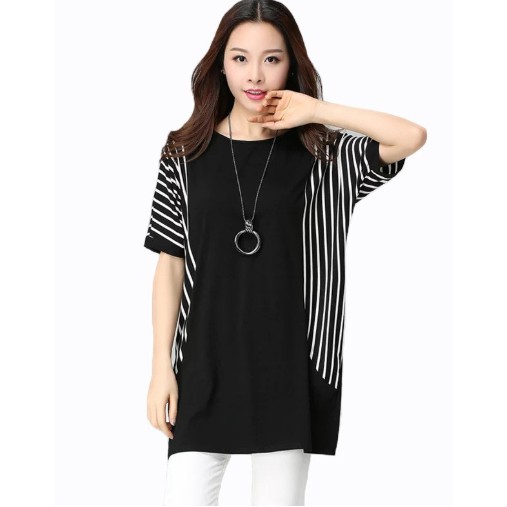 Fifi FASHION Blouse Tangan Pendek Wanita Gaya Korea Kombinasi Salur - Carol