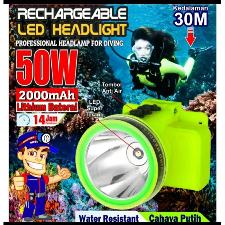 Senter Kepala Diving 50Watt Mitsuyama MS-218P Rechargeable - Senter Kepala Selam Sampai Kedalaman 30 Meter - Headlap Diving Water Resistant Cahaya Putih