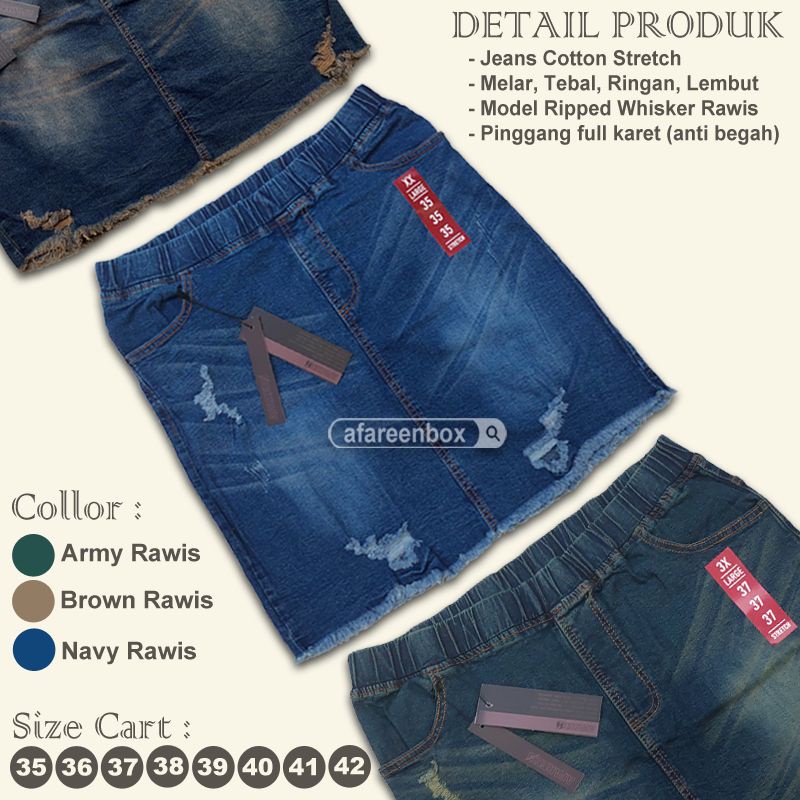 AFAREEN - Rok Pendek Jeans Wanita Ripped Rawis / Rumbai Pinggang Karet Melar/ Stretch Rok Korean Midi Jeans Denim Skrit Jumbo Big Size 35-42