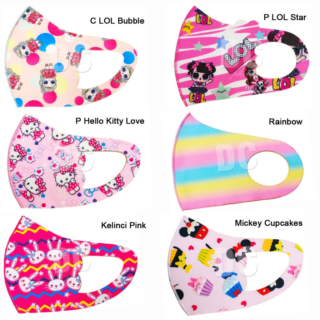 Masker Anak Scuba Premium LOL Hello Kitty Kelinci Rainbow Cupcakes Tsum Mickey (Bisa Pilih Motif)