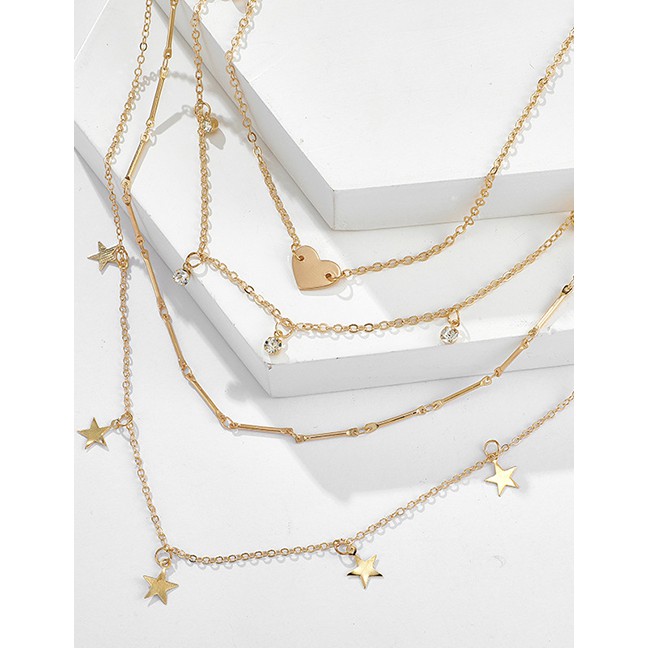 LRC Kalung Fashion Golden Five-pointed Star Diamond Love Alloy Multi-layer K51446