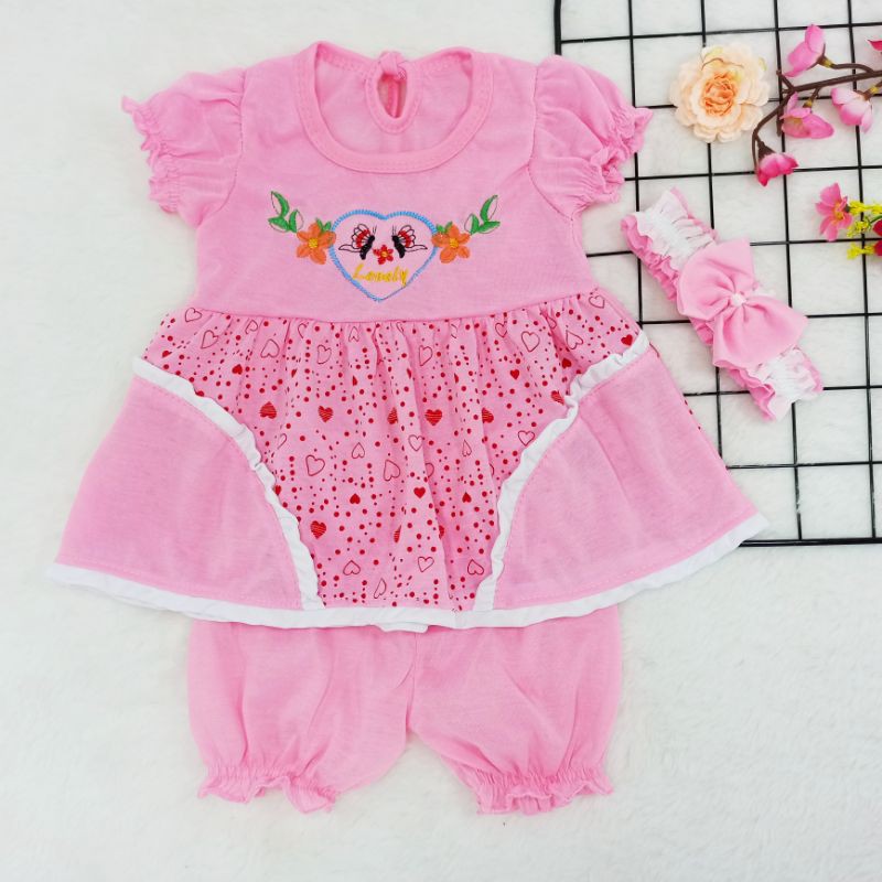 [Ss-7025] Pakaian Bayi Perempuan 0-9bulan Free Bando, Setelan Dress Anak New Born, Baju Anak Cewek