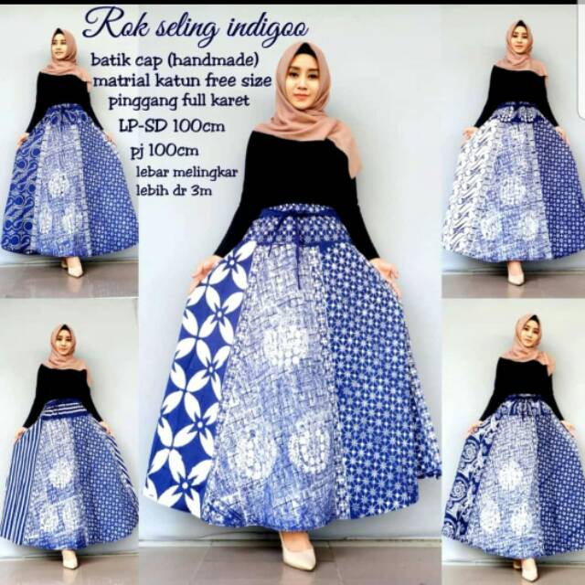 Rok Seling Indigo Biru Batik Cap Monoblue Panjang Klok Lebar Flare Skirt Cantik Modern Pita