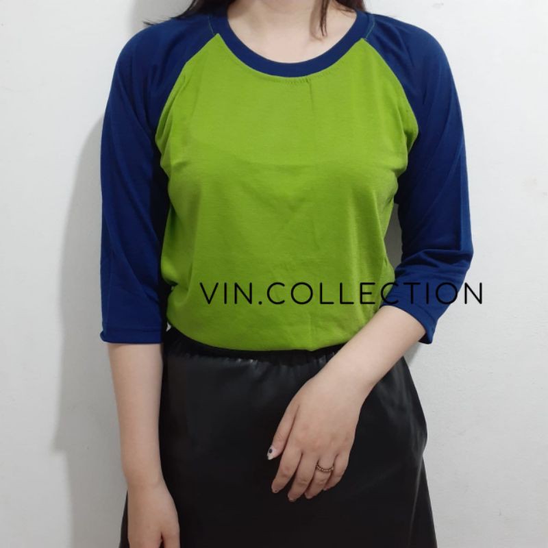Kaos polos raglan 3/4  pria wanita - hijau lumut kombinasi biru donker