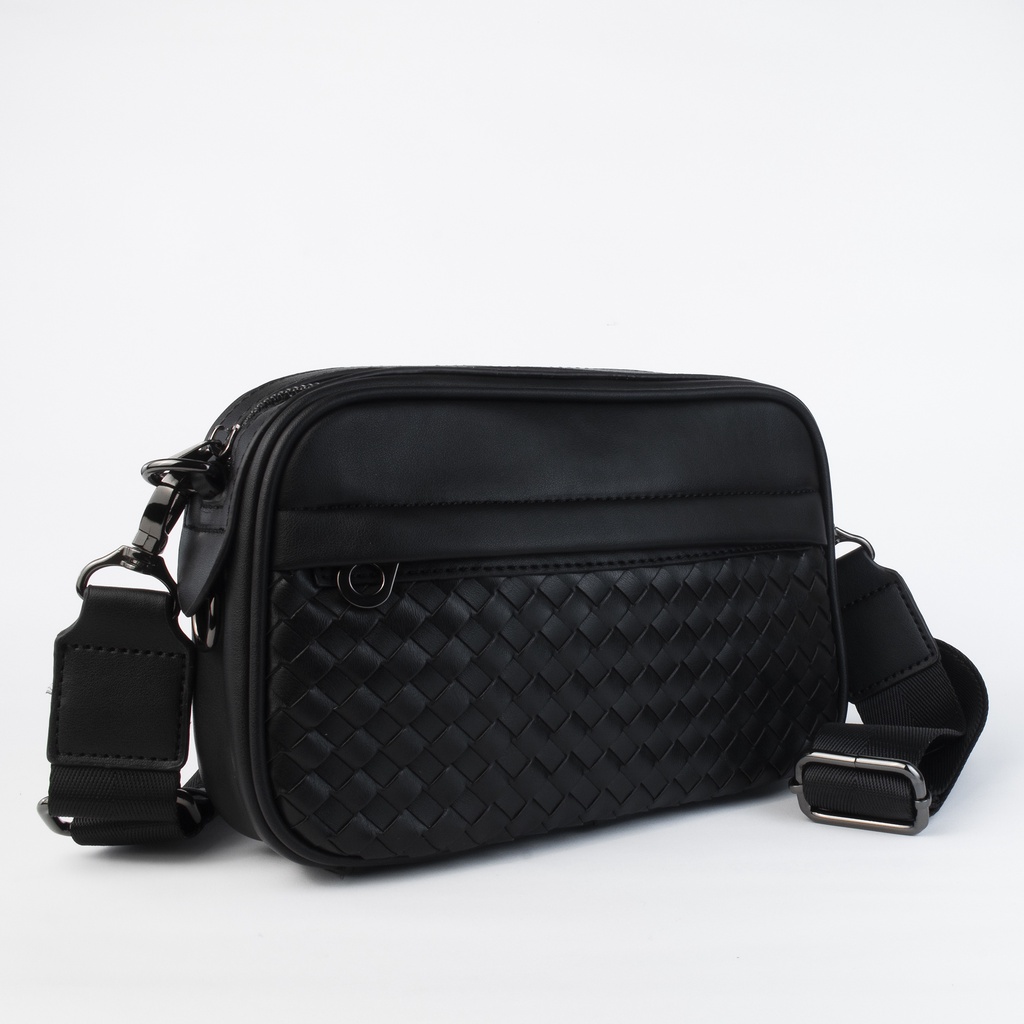 Slingbag Knited Tas Selempang Kulit Motif Anyam Hitam Impor