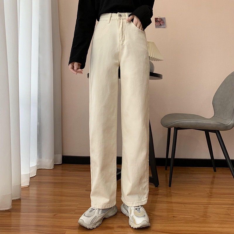 Celana jeans highwaist wanita warna Cream bigsize