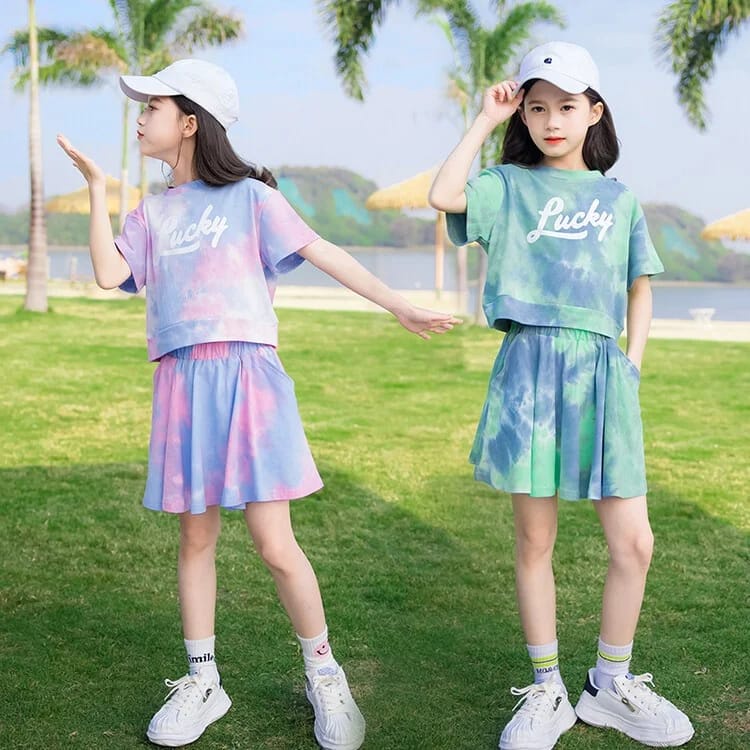 LUCKY SET BAJU SETELAN ANAK REMAJA CEWEK FASHION SPORT CASUAL TIE DYE ALA KOREA SPORTY GOLF