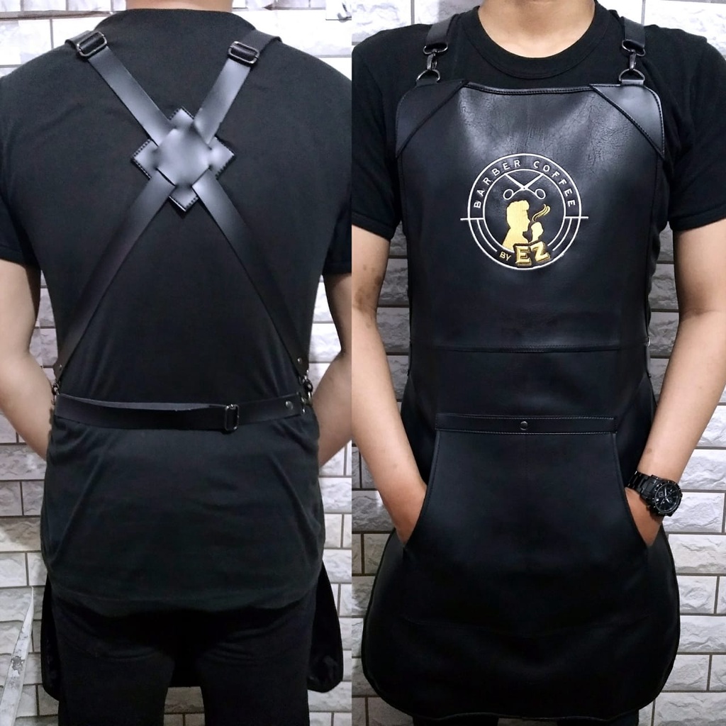 apron barista celemek barbershop celemek waiter celemek cukur rambut apron barber celemek kopi premium pu leather crossback strep plus bordir logo