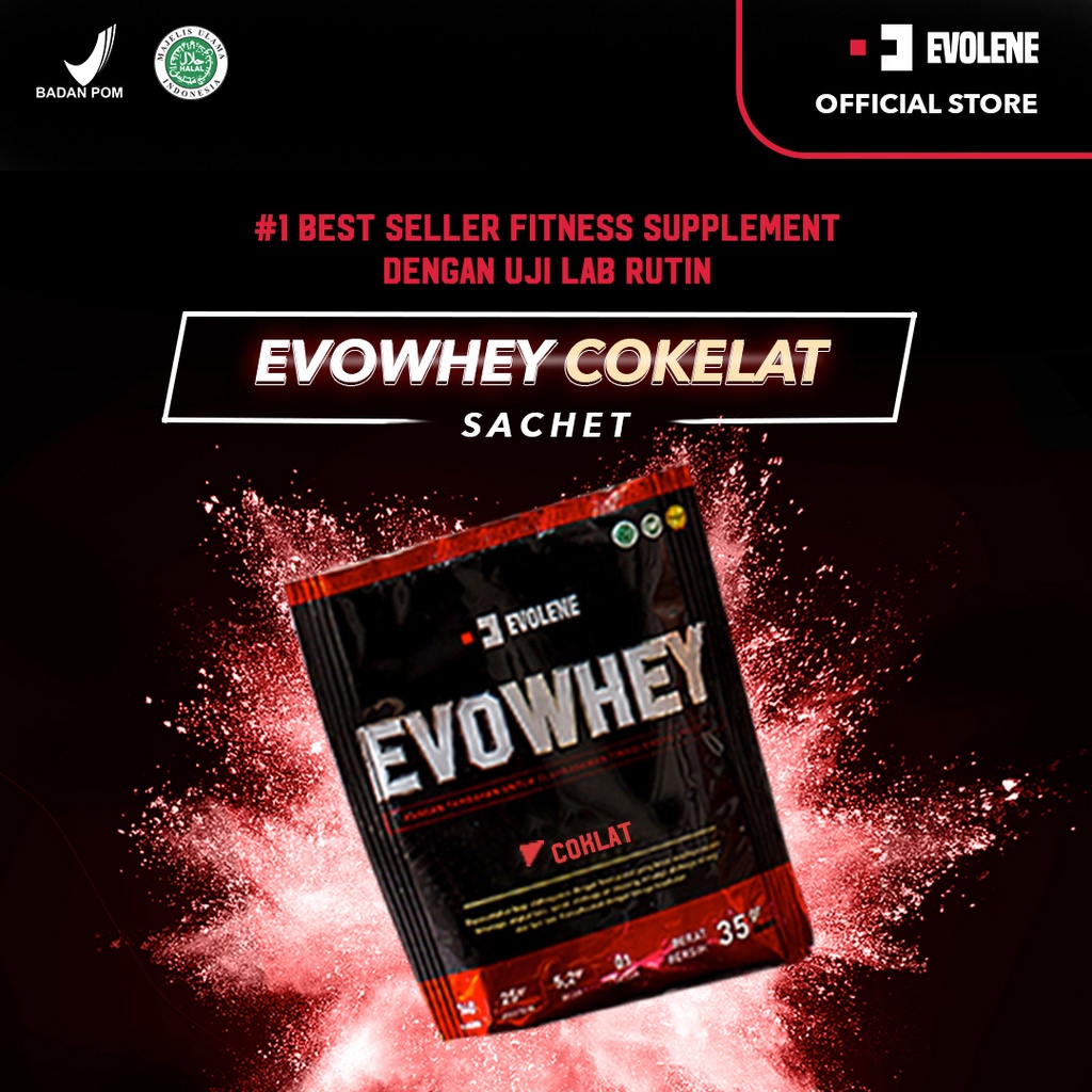 Evowhey Cokelat 1 Sachetan Evolene Suplemen fitness pembentuk Otot Defisit kalori Susu Protein Suple